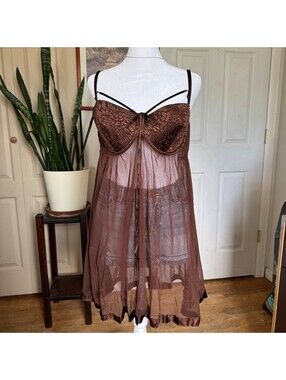Cacique Brown Sheer Babydoll Lingerie with Animal Print Bra Cups Size 18/20